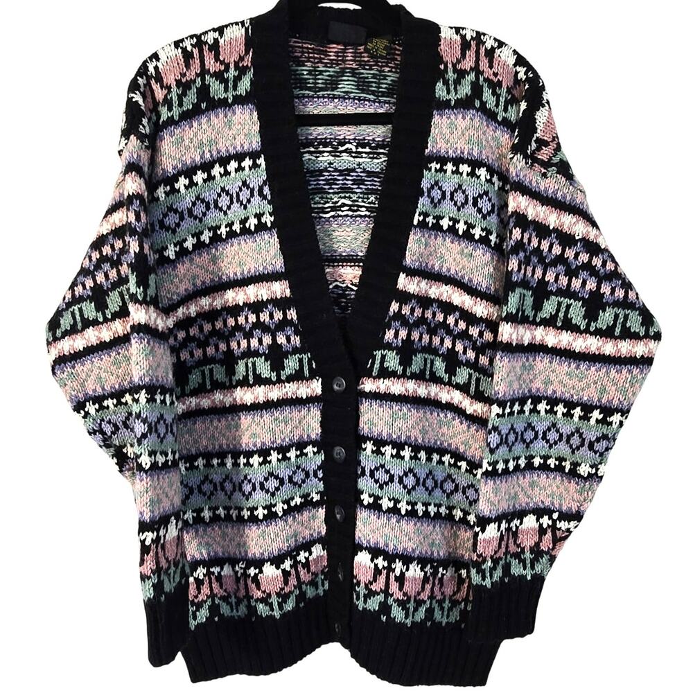 Vintage Liz Claiborne Lizsport Cardigan Women's M Black Pink Pastel Fair Isle